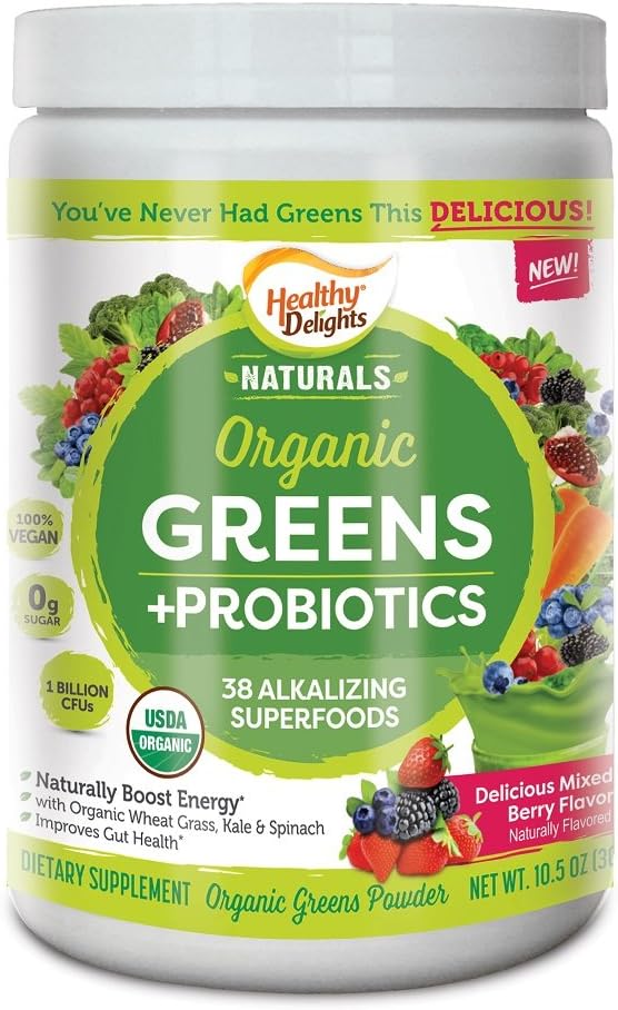 Healthy Delights Naturals - Organic Greens + Probiotics Powder - Naturally Boost Energy - USDA Organic - Delicious Berry Flavored - 30 Servings